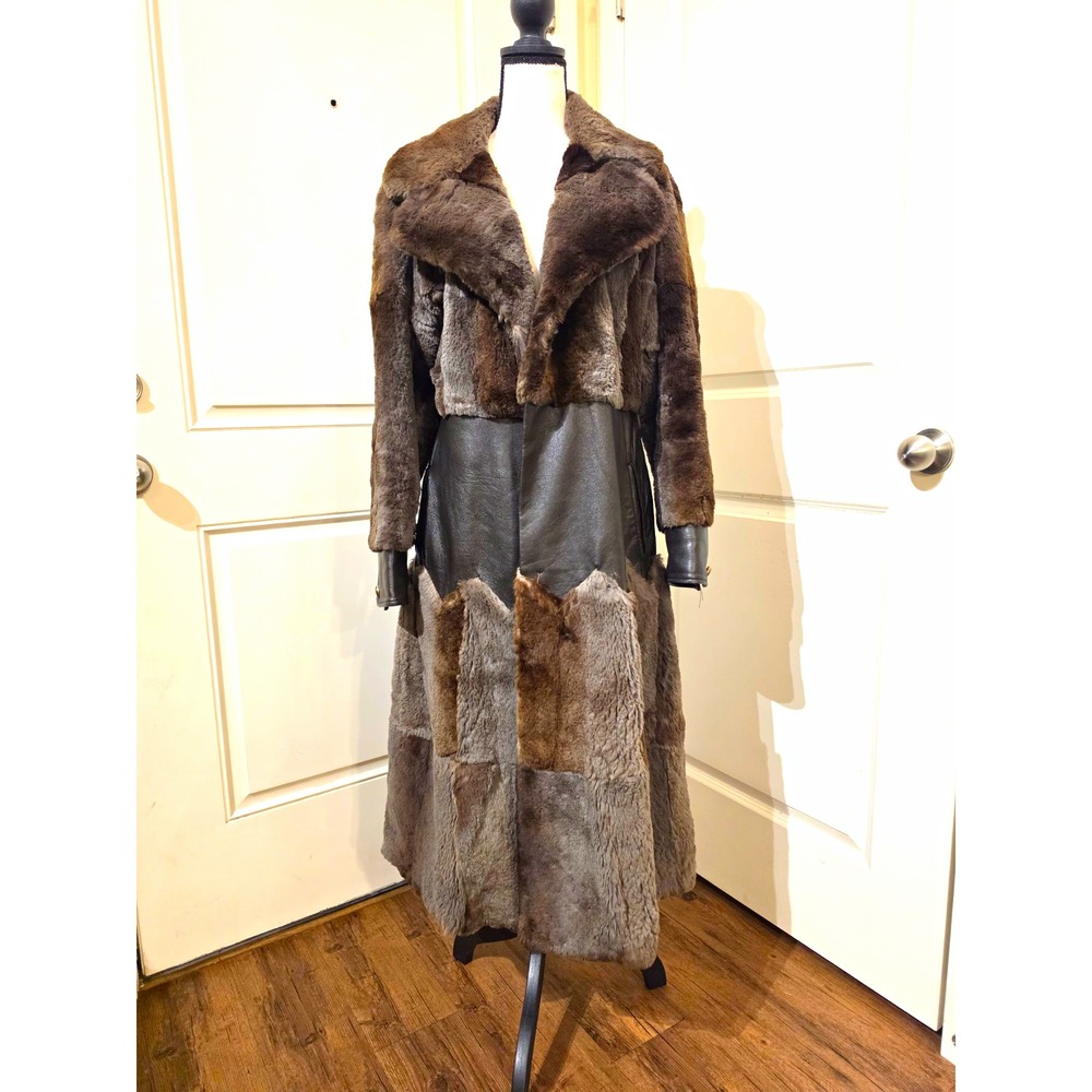 Vintage 1970s Genuine Patchwork Rabbit Fur & Leather Chevron Midi Coat Mob Wife